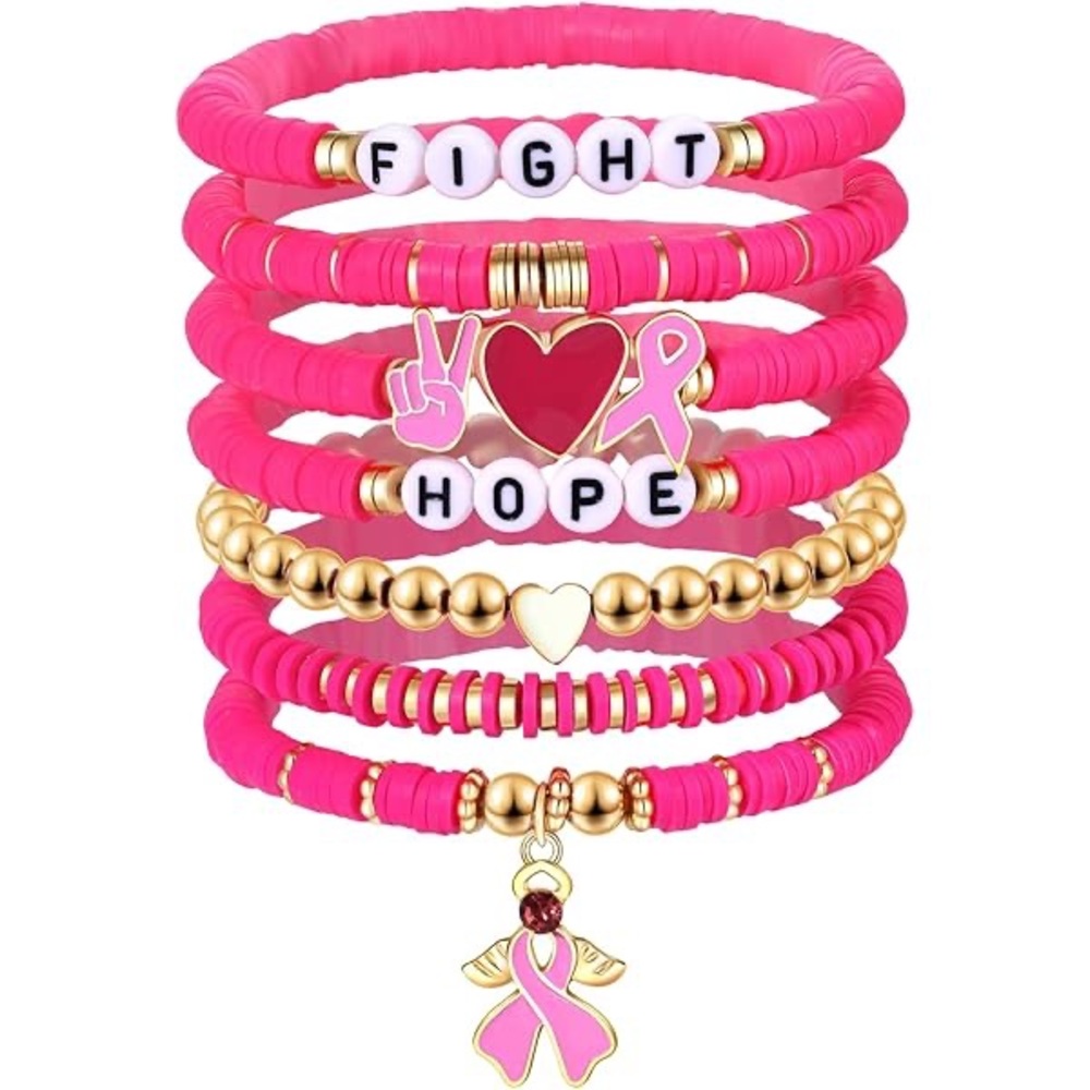 Breast Cancer Awareness 7 Bracelet Stack with Charms